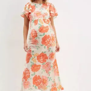 Hot Sale Orange Floral Ruffle Maxi Dress maternity nursing clothes maternity clothes pregnant women pregnant dresses women