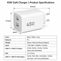 Chargeur USB-C GaN 45W pour deux appareils, chargeur de téléphone rapide PD3.0 PPS, prise murale EU avec design compact, personnalisation de la marque OEM