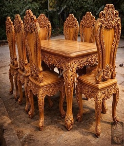 Handcrafted Luxury Royal Antique Teakwood Gold Round Dining <b>Table</b> Set Elegant 8 Seater Dining Furniture - Product Image 1
