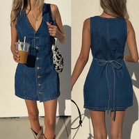 Robe mini fourreau en jean à col en V, séchage rapide, avec patte de boutonnage et laçage à la taille au dos, collection Printemps-Été 2026, style transfrontalier Europe-Amérique