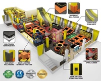 Équipement de parc de trampolines intérieur à prix d'usine, thème jaune, avec méga toboggan, escalade en spirale, trampolines hexagonales et mur d'agilité