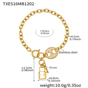 Ensemble collier et bracelet en acier inoxydable avec pendentif pompon tête de cochon en zircon entièrement serti de diamants, fermoir boucle, plaqué or 18 carats, cadeau de mariage - Product Image 3
