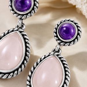 Orecchini pendenti vintage bohémien a goccia d'acqua, colore rosa viola, con bordo floreale, gioielli alla moda per donna - Product Image 3