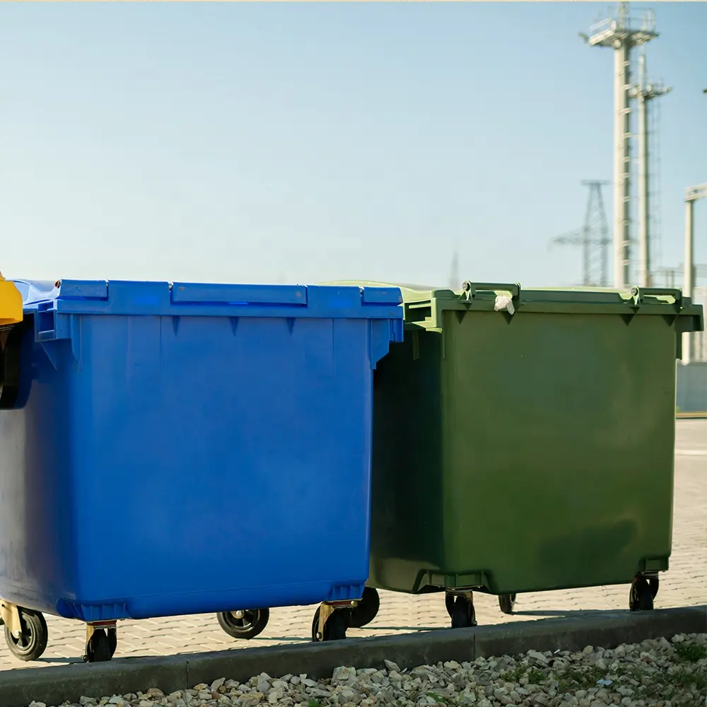 Mobil plastik çöp atık çöp kutusu dört tekerlekli 1100 litre atık konteyner