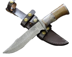 Cuchillo de Caza de Acero de Damasco de Alta Calidad, Hoja de Punta Caída de Espiga Completa, Personalizable con Lámina de Cuero, OEM, Madera de Palisandro y Hueso, 12 Pulgadas - Product Image 1