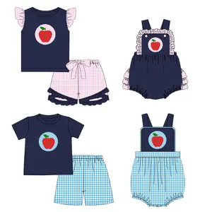学校に戻る新着子供服アップルチェック柄アップリケベビーロンパースカスタマイズされた小さな男の子と女の子2個セット
