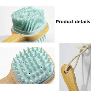 Cepillo de ducha de doble cara, exfoliación trasera, masaje de bambú, mango largo, cepillo de limpieza de silicona - Product Image 4