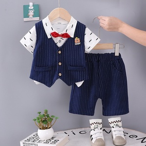 Nouvelle tenue d'été décontractée trois pièces pour garçons YouYue 2025, style britannique, en coton/soie peignée, pour 1-5 ans, comprenant gilet, chemise et short - Product Image 6