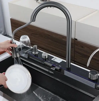 Évier de cuisine intelligent à affichage numérique LED, design cascade moderne, en acier inoxydable, à poser sur comptoir