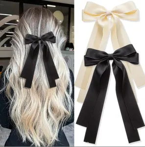 Damen Satin-Bogen-Haarclips mit langem Schwanz Bowknot-Haarstangen für Mädchen Band-Haarband-Zubehör