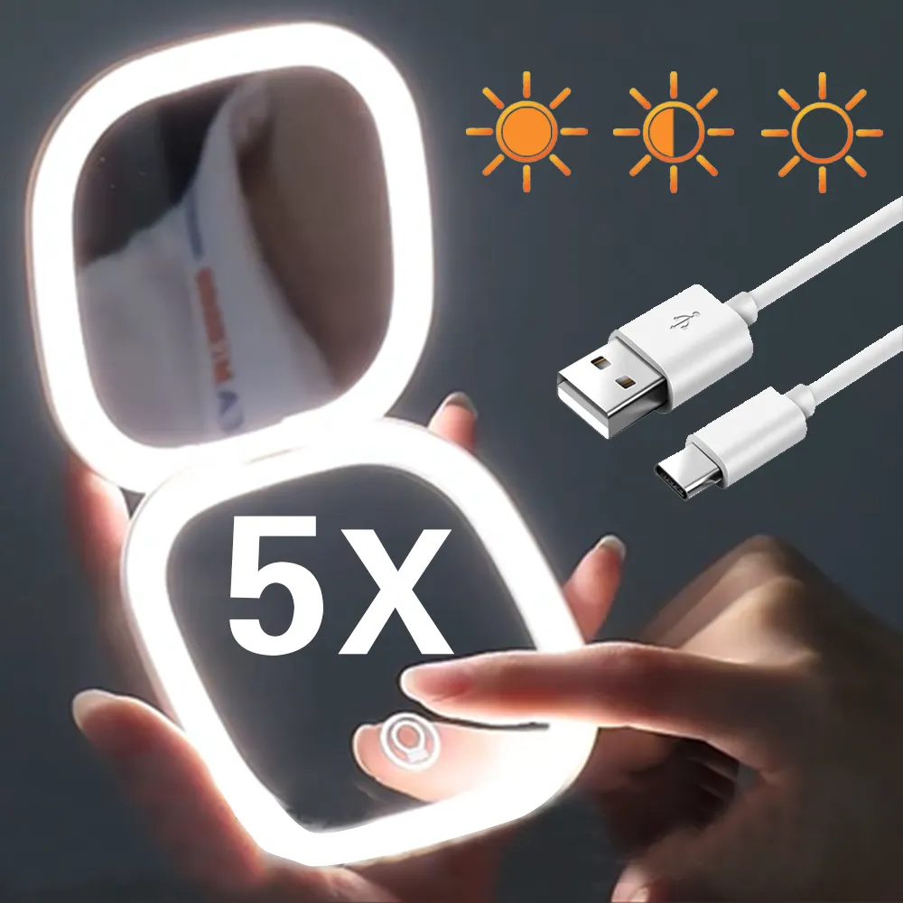 Mini specchio per il trucco a Led compatto con luce 5X ingrandimento piccola tasca portatile da viaggio rosa nero specchietti cosmetici pieghevoli