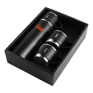 Set de Regalo Promocional Ecológico con Termo de 500 ml y Tres Tazas en Caja de Cartón Negra con Logotipo Personalizado GS005, Termo Urbano en Existencia - Product Image 1