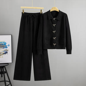 Conjunto de Punto <span class=keywords><strong>con</strong></span> Cuello Polo ELEGANTE para Mujer, Estilo Transfronterizo, Otoño Invierno, Nuevo Suéter de Manga Larga, Abrigo, Conjunto de Pantalones Anchos 0857 - Product Image 2