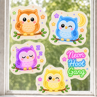 Autocollants personnalisés imperméables en PVC vinyle, autocollant décoratif électrostatique pour fenêtre, hibou kawaii, lune, étoile, imprimé UV, autocollant mural en verre