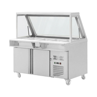 Meja Persiapan Pizza Sandwich Saladette Berpendingin 2 Pintu Stainless Steel Komersial dengan Penutup Kaca