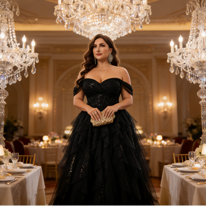 ชุดราตรีออกงานและชุดเพื่อนเจ้าสาวไซส์ใหญ่แบบเปิดไหล่ ดีไซน์หรูหราแบบชั้นเค้ก สำหรับงานกาล่าและงานเลี้ยงตอนเย็น - Product Image 2