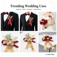 Boutonnière Fleur Dorée Perle Double Bonheur Ruban Bordeaux pour Marié et Garçon d'Honneur – Décoration de Revers de Costume de Mariage