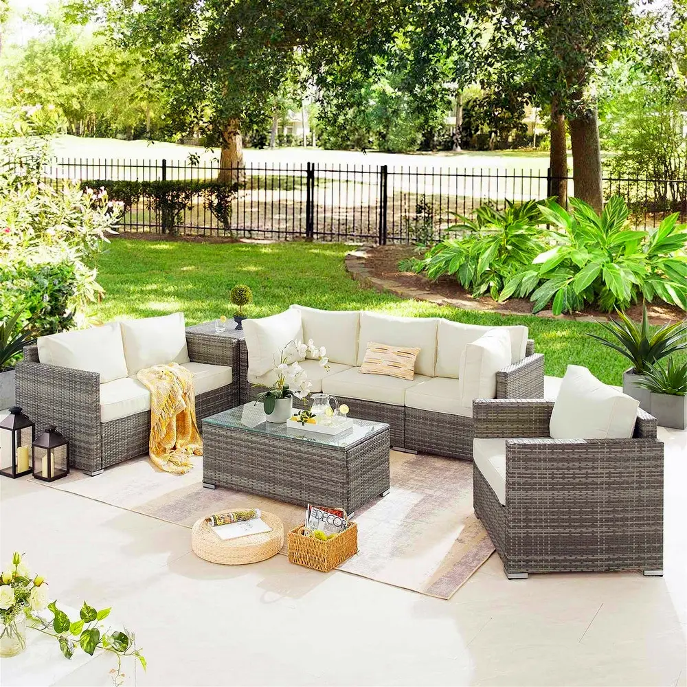 Salon de luxe patio meubles en rotin sièges de jardin extérieur en forme de L ensembles de canapés sectionnels en osier canapé d'angle moderne avec pouf
