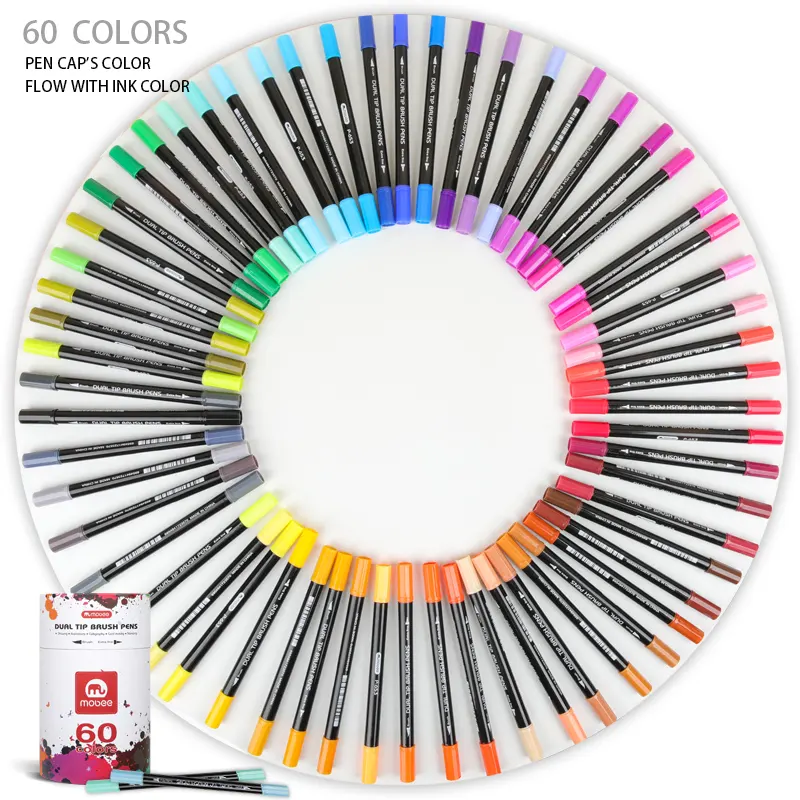 MOBEE P-653 Durable dual tip watercolor brush pen 60 colors fineliner water color pen Set with soft brush for coloring