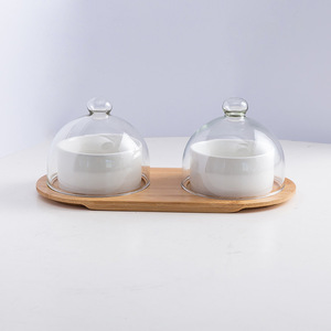 Plateau en bois pour gâteaux avec couvercle transparent, écologique, pour desserts, petit-déjeuner et <span class=keywords><strong>service</strong></span> de restaurant (vente en gros) - Product Image 1