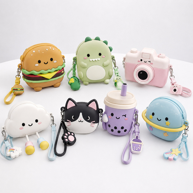 Kawaii 3D Hamburger Dinosaur Cat Cloud Bubble Tea Camera Silicone Coin Purse Keychain Custom Logo Wholesale