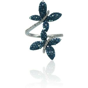 Butterfly Bypass <b>Ring</b> 1.18 Cttw Natural White Blue Diamond Round Cut 925 Sterling <b>Silver</b> Women's Fashion <b>Ring</b> Party Jewelry - Product Image 1