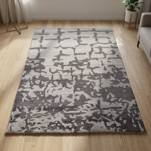 Tapis de salon moderne rectangulaire gris abstrait en laine, noué à la main, à poils moyens, lavable, pour design d'intérieur - Product Image 3