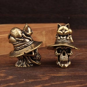 Brass Cat Skull Figurine 2Pcs Miniature Ornament Halloween Home Decor Eclectic Style - Product Image 2