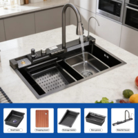 Évier de cuisine en acier inoxydable de haute qualité, cuve simple avec robinet cascade multifonctionnel, fait main, anti-rouille, résistant aux rayures, durable