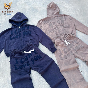 High Quality Unisex Straight Leg Sweatpants and Embroidery Double Zip up Hoodie <b>Set</b> Custom Distressed Acid Wash Men Tracksuit - Product Image 1