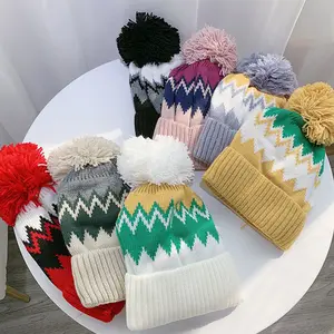 Mùa Đông Phụ Nữ Cô Gái Mũ Len Ấm Đan Dày Dệt Kim Mũ Earmuffs Len Sang Trọng Hình Thoi Kẻ Sọc Pom Pom Beanie