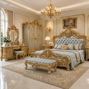Ensemble de meubles de chambre à coucher de luxe sur mesure, ensemble de meubles de chambre à coucher pour villa de luxe, lit sculpté à la main de qualité supérieure avec commode et armoire, USA - Product Image 1
