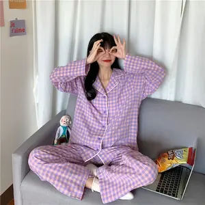 Корейская фиолетовая пижама в клетку для девочек, Милая зимняя одежда для сна с длинным рукавом для отдыха для женщин, свободная Ночная одежда, домашний костюм