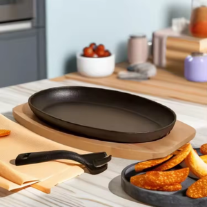 Oval Shape Cast Iron Steak Plate Sizzle Griddle With Wooden Base <strong>Grill</strong> Fajita Serving Plate Enameled Coating - Product Image 4
