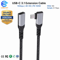 Câble d'extension USB-C mâle vers femelle à angle droit OEM ODM, 90 degrés, 10 Gbit/s, 100 W, tressé en nylon pour équipement industriel