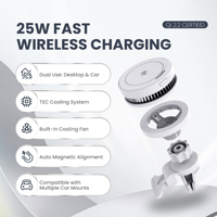 Chargeur de voiture magnétique sans fil 25W TEC à refroidissement, double usage, support de bureau et fixation sur grille d'aération