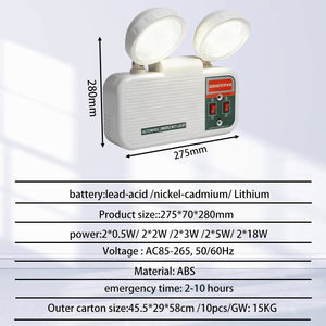 Lampe de secours LED rechargeable à double tête, à deux spots, murale, en plastique ABS, avec batterie de secours nickel-cadmium AC 85-265V. - Product Image 2