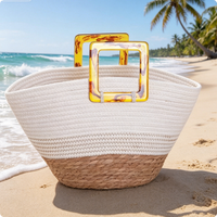 Sac à main léger en corde de coton blanc tressé avec poignée en plastique écaille de tortue pour la plage, le shopping et l'usage quotidien