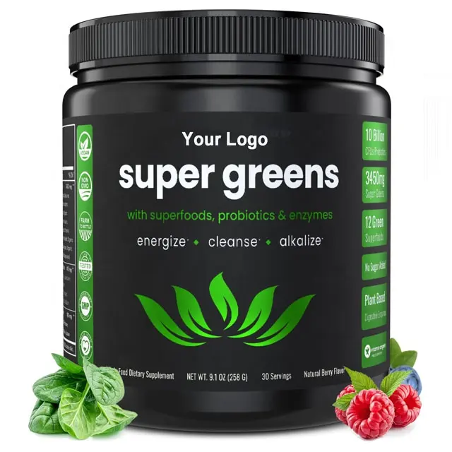 OEM Super Greens ผงพรีเมี่ยม Superfood 20+ ผักเขียวออร์แกนิกทั้งอาหารสารต้านอนุมูลอินไซม์การย่อยอาหารและผสมโปรไบโอติก