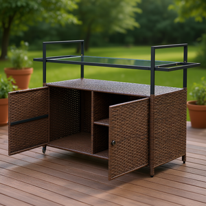 Tavolo da bar da esterno in rattan PE con piano in vetro marrone e carrello di servizio a 2 livelli per patio, giardino, terrazza - Product Image 2