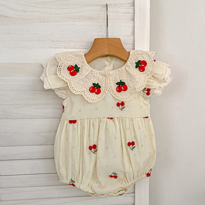Nuevo Mameluco para Bebé Niña, Mameluco de Verano con Bordado de Cerezas, Cuello de Encaje, Manga con Volantes, Body de Algodón, Ropa para Bebés - Product Image 2