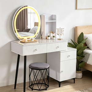 Modern <b>Makeup</b> <b>Vanity</b> With Lighted <b>Mirror</b> Storage Drawers Bedroom Dressing Table With Stool - Product Image 4