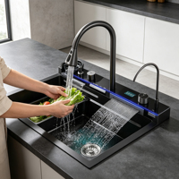 Évier de cuisine à cuve unique, meilleur rapport qualité-prix, avec robinet cascade, à poser sur comptoir, profondeur de cuve 220 mm, taille personnalisée OEM/ODM, usage domestique et commercial