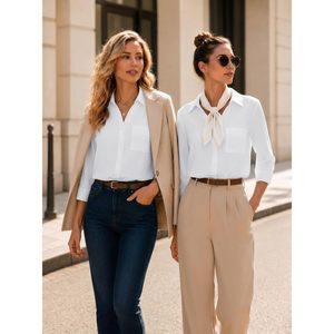Camisa de Mujer con Botones, Manga 3/4, Cuello en V, con Bolsillo, Tela Popelina Ligera y Suave, Blusa Informal para el Trabajo - Product Image 4