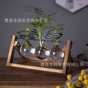 Soporte de madera para plantas hidropónicas con botellas de vidrio para uso decorativo en escritorio - Product Image 1