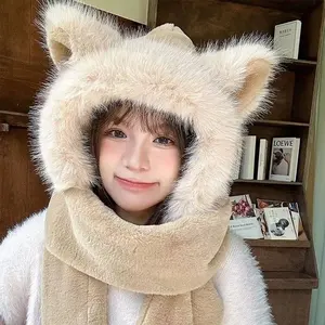 冬季狐狸毛茸茸女三件套手套围巾帽子一加绒加厚冷暖可爱
