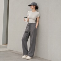 Pantalon de survêtement minimaliste pour femme, taille haute, coupe large, couleur unie, amincissant, extensible dans quatre directions, effet ventre plat, avec cordon de serrage, pour le yoga