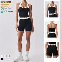 OEM ODM Ensemble de yoga pour femme à bretelles festonnées, avec brassière de sport color block et short cycliste taille haute, dos ouvert, effet push-up fessier, pour la gym et l'entraînement