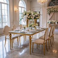 Mesa de Comedor Rectangular de Vidrio con Patas Doradas de Doble Bola, de Lujo, para Bodas, Banquetes, Hoteles y Eventos
