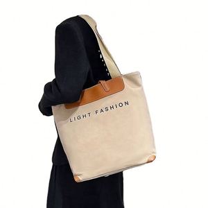 Wholesale Custom Designer PU Leather Handle Shopping Tote Bag Large Capacity Oversize Cotton Canvas Zipper Features <b>Letter</b> - Product Image 3